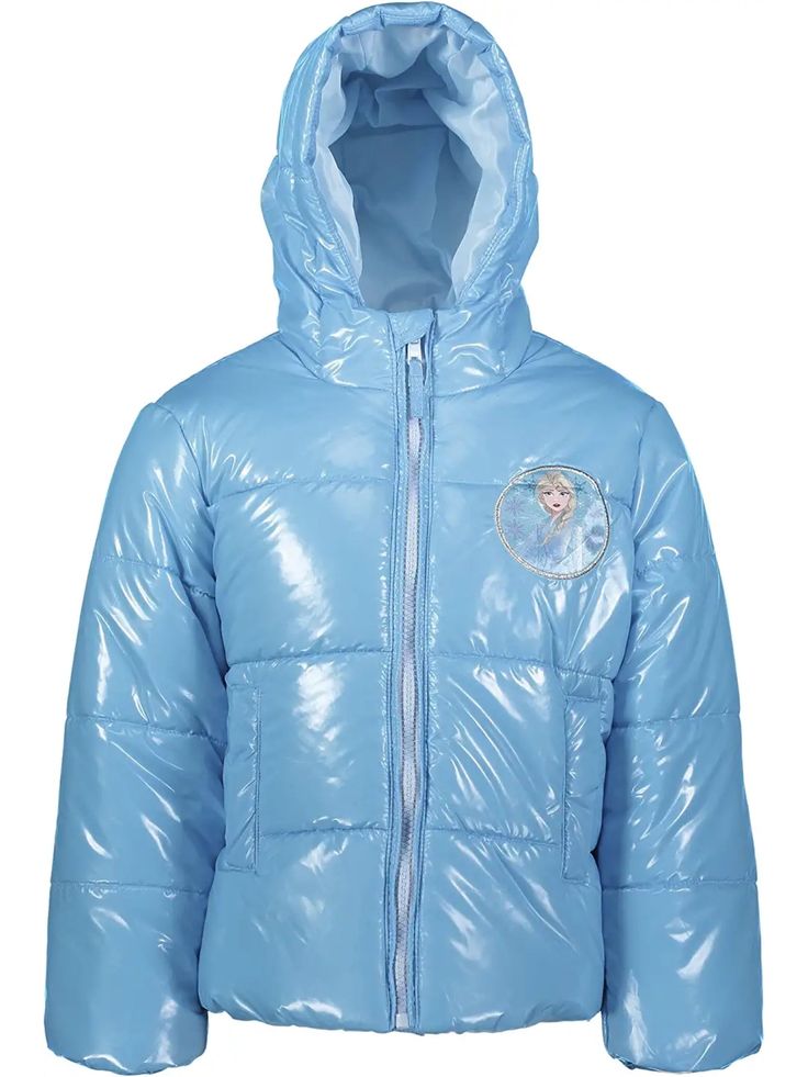 Toddler and little girls' hooded puffer jacket features Elsa from the Disney Frozen movies. Jacket has a front zip closure and 2 front pockets. In Blue. 100% Polyester. Machine washable. Imported. Winter Essentials Clothes, Girls Puffer Jacket, Winter Puffer Coat, Back To School Fashion, Frozen Disney Movie, Princess Anna, Frozen Princess, Hooded Puffer Jacket, Disney Frozen Elsa