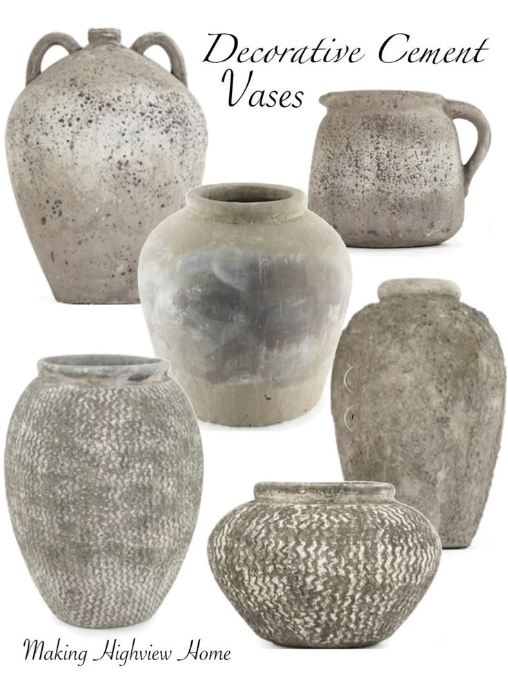 an assortment of decorative cement vases are shown in various styles and sizes, including one with handles