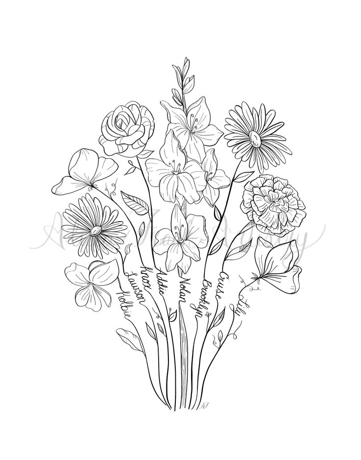 a bouquet of flowers is drawn in black and white on a white background with the words,