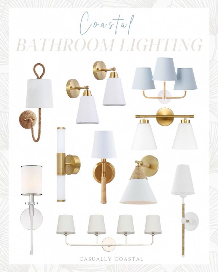 an image of bathroom lighting fixtures in various styles and colors on white background with text overlay