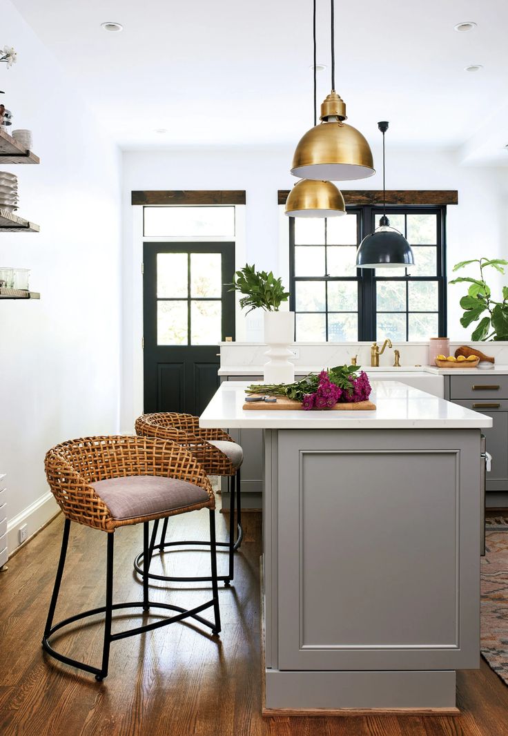 a kitchen with an island and two stools