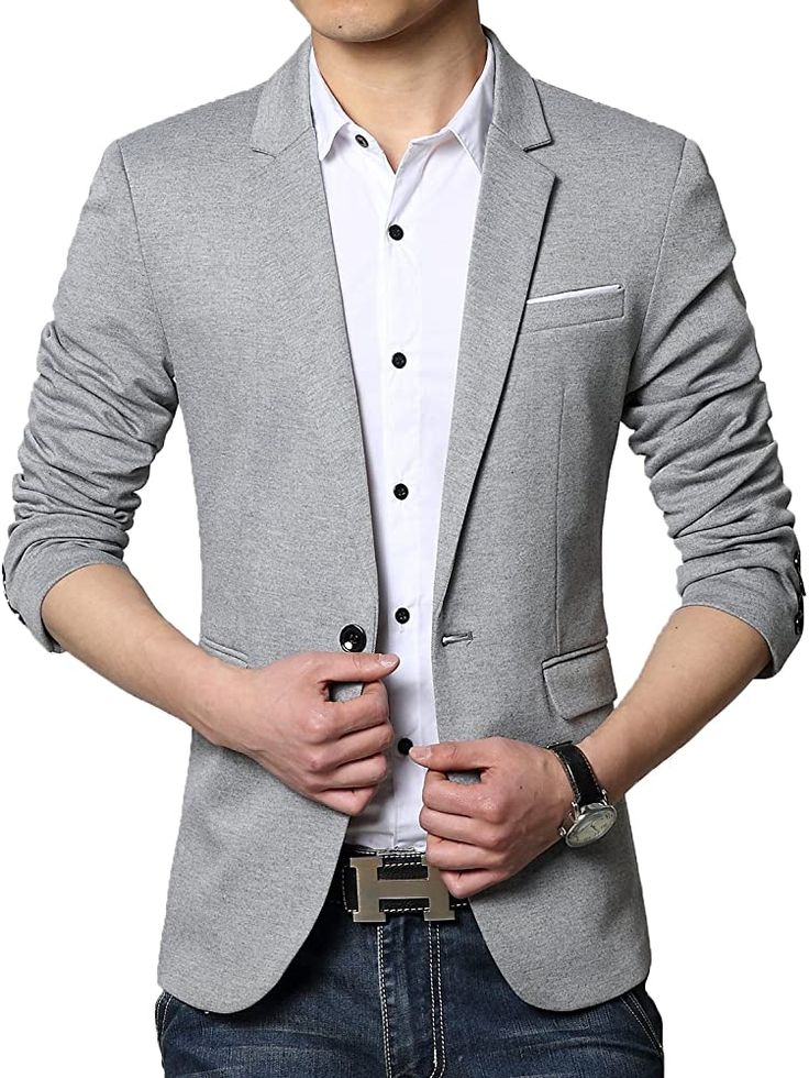 DAVID.ANN Men's Casual Fit One Button Center Vent Blazer Jacket,Grey #3625,Small at Amazon Men’s Clothing store Cotton Blazer Outfit, Gray Blazer Outfit, Smart Casual Blazer, Casual Suits Men, Business Casual Suit, Blazer Casual, Formal Blazer, Slim Fit Blazer, Man Blazer