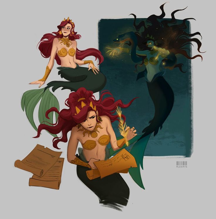 three mermaids are sitting in front of a book and one is holding a piece of paper