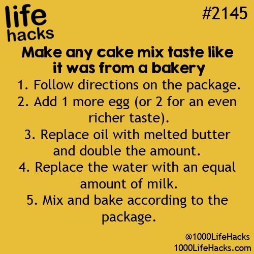 the instructions for making cake mix are shown in black and white text on a yellow background