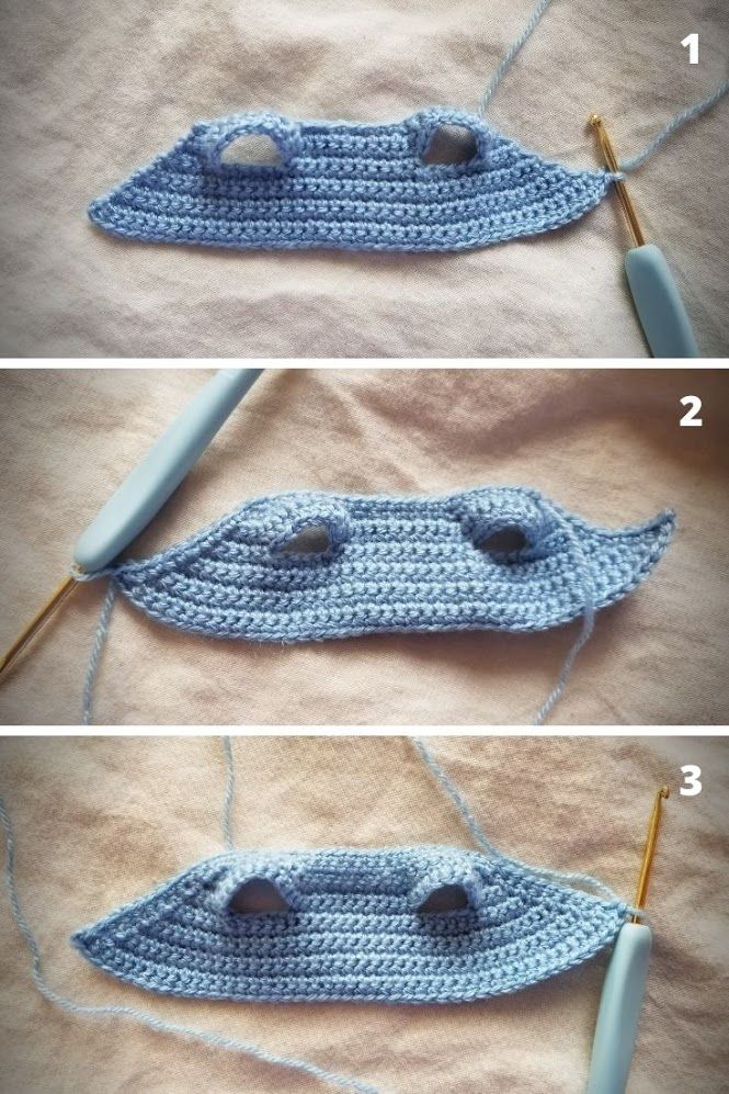 three pictures showing how to crochet the bottom part of a knitted object