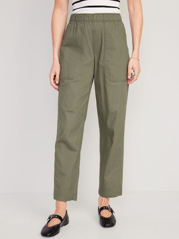 elastic waist faux fly front utility pockets back patch pockets hammer loop #745290 sits at belly button relaxed hip and thigh tapers at ankle regular inseam: 28" petite inseam: 26" tall inseam: 32" models wear sizes S (size 4), L (size 12), and XL (size 18) Utility Full-length Pants With Pockets, Relaxed Fit Utility Bottoms With Pull-on Style, Relaxed Fit High-waisted Utility Pants, Utility Cargo Pants With Relaxed Fit And Pull-on Style, Medium Wash Full-length Utility Pants, Art Teacher Outfits, Stones Throw, Utility Pants, Back Patch