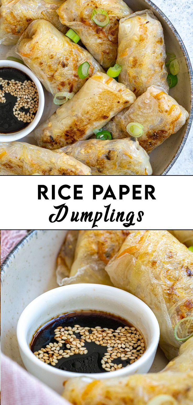 rice paper dumplings with dipping sauces in the bottom and on the top side