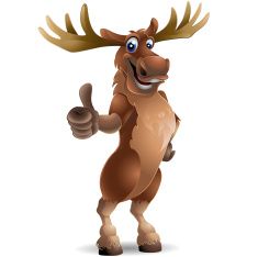 a cartoon moose giving the thumbs up sign with both hands and wearing an antler's head