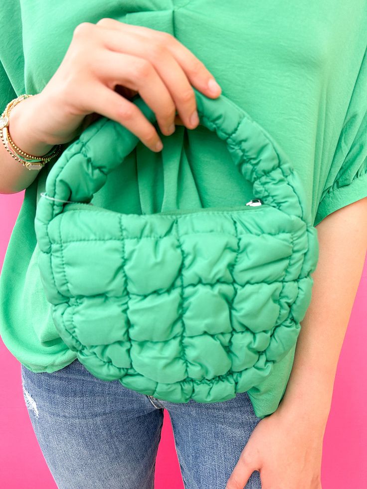 Get ready for some major style with our Mini Puffer Quilted Bag! In a mini size of 9.5"(L) x 6.5"(H), this bag is perfect for on-the-go fashionistas. And with the latest colors, you'll be the envy of all your friends! Don't miss out on this season's must-have accessory! Green Shoulder Bag With Zipper For Spring, Trendy Spring Shoulder Phone Bag, Trendy Shoulder Phone Bag For Spring, Green Pouch Satchel For Spring, Spring Shoulder Phone Bag For Daily Use, Trendy Spring Shoulder Bag With Mobile Phone Holder, Trendy Satchel Bag With Cell Phone Pocket, Trendy Satchel With Cell Phone Pocket, Trendy Rectangular Phone Bag For Spring