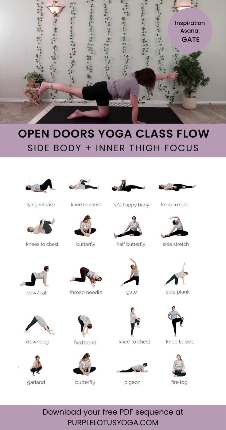 a woman doing yoga poses with the text open doors yoga class flow side body and inner thigh focus