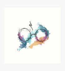 a watercolor painting of glasses with the word harry potter on it