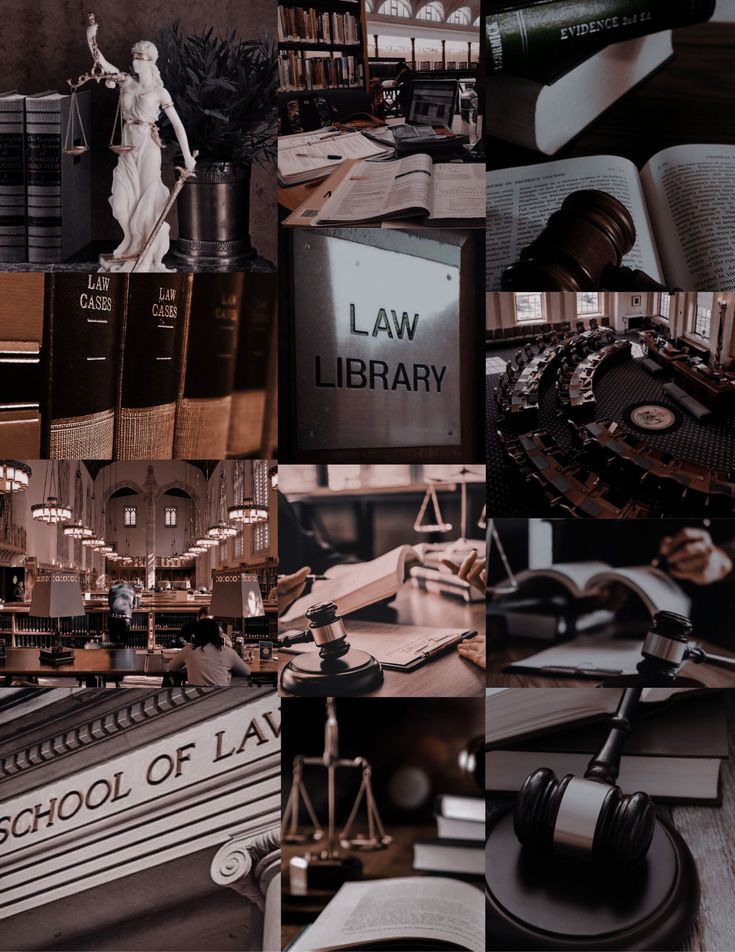 a collage of law related items including books, gavel and statue