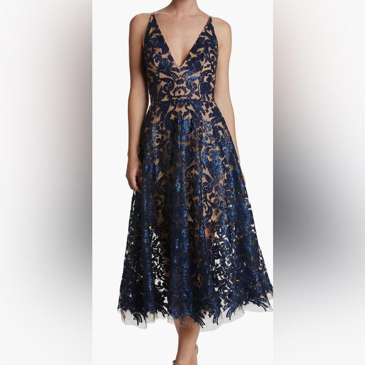 Gorgeous Blue Sequin Semiformal Cocktail Party Dress By Popular Nordstrom Brand Dress The Population. Embroidered Floral Accented By Sparkly Sequins Layered On Tulle Sits On Top Of Nude Lining. For A Dramatic Effect On Body! Spaghetti Straps, V-Neck, Zipper Back With Hook Closure, Fit And Flare Styling, Shimmering Sequins Embellish An Elegant Lace Dress In A Flattering Fit-And-Flare Silhouette With A Plunging V-Neck. 45" Length (Size Medium) Hidden Back-Zip Closure Plunge V-Neck Sleeveless Lined To The Knee 100% Nylon Pit To Pit 19” Like New Excellent Condition Worn Once! On Nordstrom.Com For $288 Now Royal Blue Midi Dress For Party, Royal Blue V-neck Midi Party Dress, Royal Blue V-neck Party Midi Dress, Blue Lace V-neck Midi Dress, Blue Lace Evening Dress For Summer, Blue Lace Midi Length Dresses, Royal Blue Lace Evening Dress, Royal Blue Summer Dress For Gala, Royal Blue Dress For Summer Gala