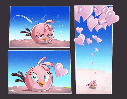 an animated pink bird with hearts flying in the air, and another cartoon character looking at it