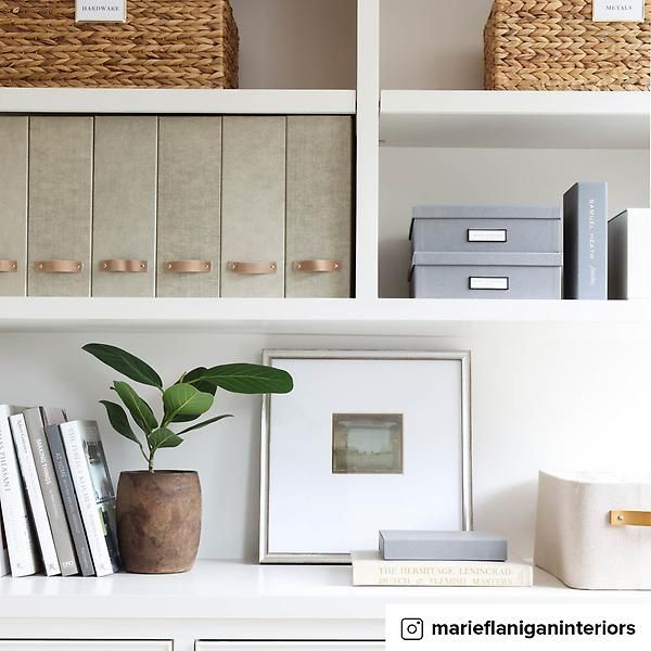 a white shelf filled with books next to a potted plant and two boxes on top of it