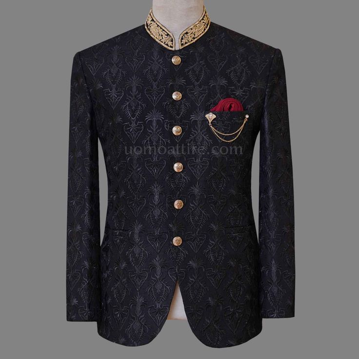 Description Black is beautiful, so get customize this Uomo Attire's elegant fully embroidered fabric black prince coat with golden embellishment and brass buttons for perfect look on your big day. Designer Black Nehru Jacket For Ceremonial Occasions, Luxury Black Blazer With Gold Buttons, Traditional Embroidered Blazer For Reception, Festive Black Suit For Reception, Black Festive Suits For Reception, Traditional Black Suits For Reception, Black Embellished Formal Traditional Wear, Luxury Black Outerwear With Gold Buttons, Elegant Black Suits With Zari Work