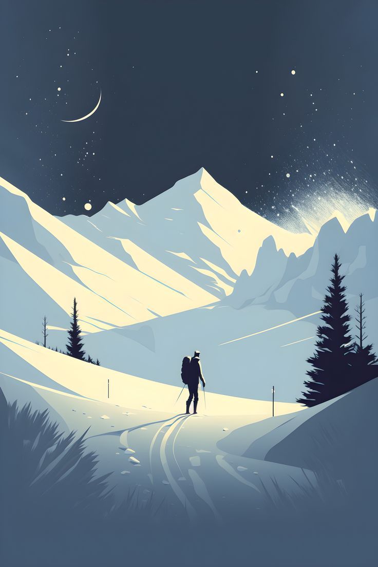 a man walking across a snow covered slope under a night sky with stars and moon