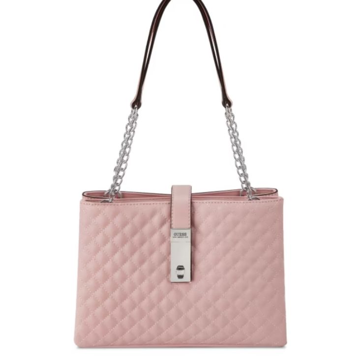 Head Out For The Day With This Quilted Faux Leather Wallet Featuring Shiny Silver Metallic Logo Icon Accents And A Foldover Strap Closure. 11.5" Length, 8" Height, 4.5" Width And 24" Shoulder Pink Bags With Silver-tone Hardware, Pink Satchel With Silver-tone Hardware And Double Handle, Pink Satchel Shoulder Bag With Silver-tone Hardware, Pink Crossbody Bag With Silver-tone Hardware, Pink Shoulder Bag With Silver-tone Hardware For Everyday, Everyday Pink Shoulder Bag With Silver-tone Hardware, Pink Bags With Silver-tone Hardware For Daily Use, Pink Rectangular Shoulder Bag With Silver-tone Hardware, Chic Pink Satchel With Silver-tone Hardware