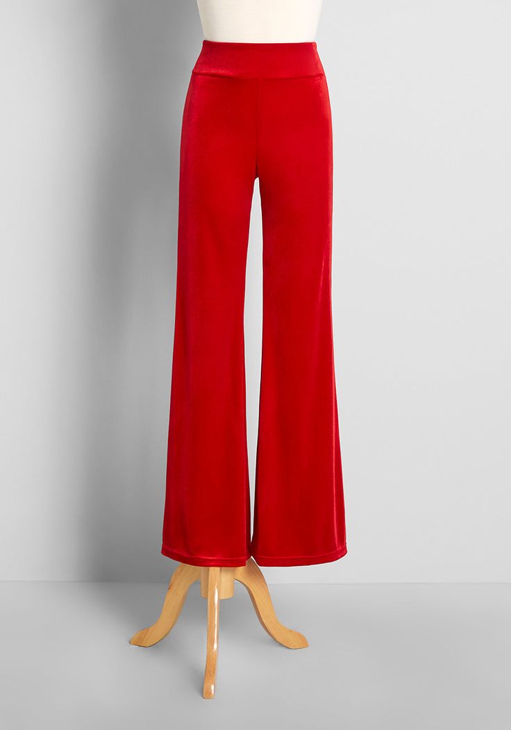 We’ve got nothing but love for these wide-leg pants from our ModCloth namesake label that perfectly balance luxe-level style with lounge-quality comfort ! Made from a sumptuous and stretchy red velvet fabric that’s perfect for the holidays and beyond, these elevated pull-on pants boast a retro-chic, high-rise waist and a super flare silhouette that is so much fun to style. 93% Polyester, 7% Spandex Machine wash Runs true to size Fabric provides stretch Side pockets Imported S=11 inch rise S=32 i Jollywood Nights, Red Velvet Fabric, Nothing But Love, Plaid Outfits, Luxe Life, New Years Dress, Holiday Party Dresses, Retro Chic, Pull On Pants