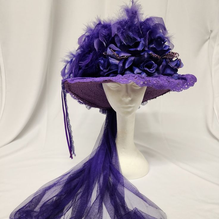 Original Vintage Elsie Massey Victorian Touring Hat Ladies Classic Purple Purple Satin Pleated Top With Silky Large Purple Roses In Front Accented With Purple Pearls, Purple Feathers And A Purple Ribbon And Lace Bow On The Side. Finished Off With A Purple English Netting Train On The Back. 4.25" Brim, 5" Tall, 21.5" Interior Em532pu Purple Feathers, Large Brim Hat, Types Of Hats, Purple Feather, Pleated Top, Pleat Top, Purple Pearl, Purple Ribbon, Purple Satin