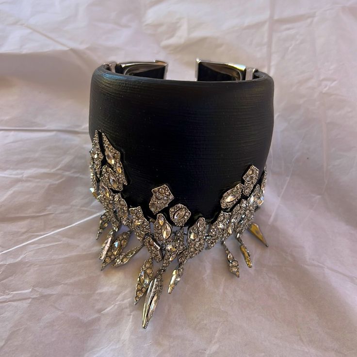 Alexis Bittar Black Lucite With Silver Crystal Encrusted Cuff Bracelet , Missing 1 Dangle Luxury Crystal Bracelets For Evening, Luxury Rhinestone Bracelets For Party, Luxury Rhinestone Party Bracelets, Beaded Cuff Bracelet For Party, Party Beaded Cuff Bracelet, Evening Bangle Bracelets With Rhinestones, Evening Rhinestone Bangle Bracelets, Adjustable Crystal Embellished Evening Jewelry, Crystal Bangle Bracelet For Evening