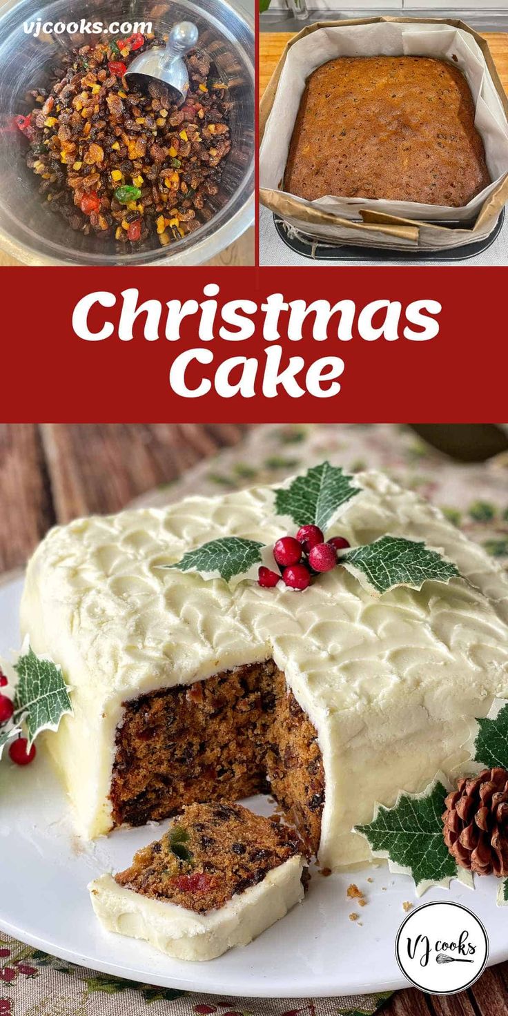 christmas cake with white frosting and holly leaves on top, surrounded by other holiday desserts