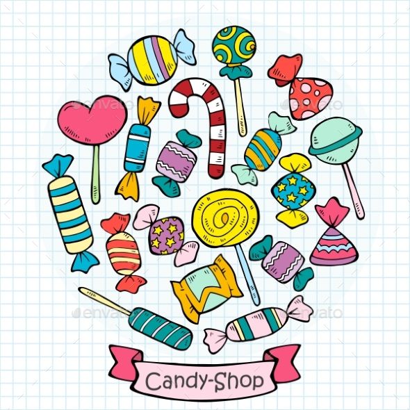 candy shop sign with colorful candies and lollipops - food objects characters