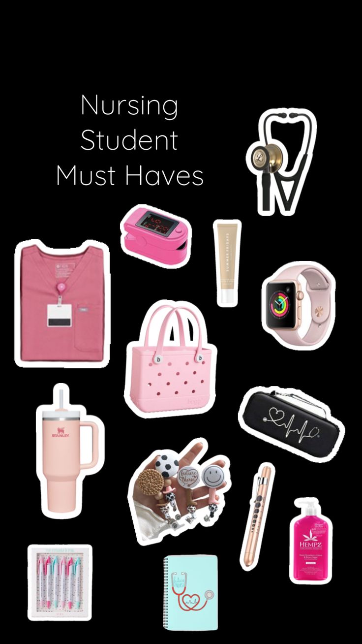 a black background with pink and white stickers on it that says nursing student must haves