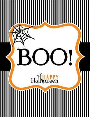 a black and white striped background with an orange frame that says boo happy halloween on it