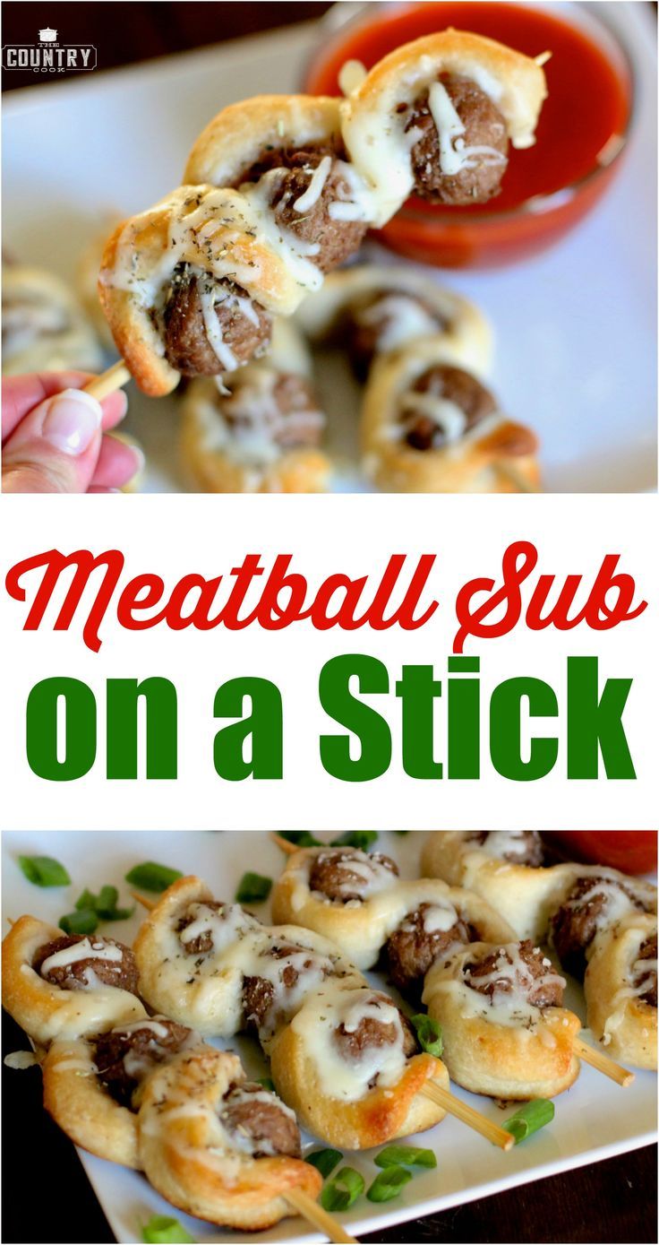 meatball subs on a stick with text overlay