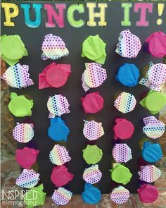 a bulletin board with polka dots and cupcakes on it that says punch it