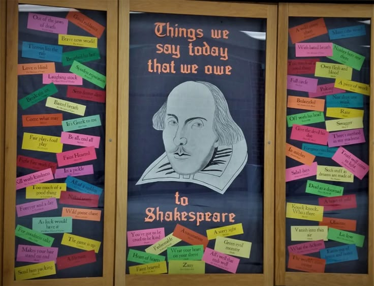 a bulletin board that has been decorated with colorful post - it notes and shakespeare's quote