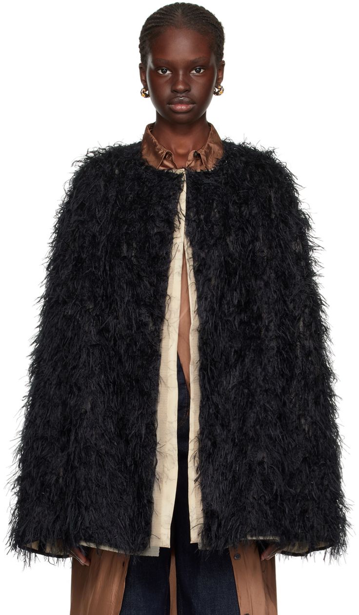 Padded silk- and polyester-blend mesh and faux-fur jacket. Raw edges throughout. Reverse in beige silk- and polyester-blend satin. Floral pattern printed throughout. · Layered construction · Round neck · Open front Supplier color: Black Chic Faux Fur Outerwear With Feather Trim, Winter Workwear Outerwear With Feather Trim, Mink Colored Long Sleeve Evening Outerwear, Luxury Feather Trim Outerwear For Fall, Luxury Feather Trim Fall Outerwear, Long Sleeve Faux Fur Evening Outerwear, Long Sleeve Faux Fur Outerwear For Evening, Party Faux Fur Outerwear In Mink, Chic Outerwear With Feather Trim For Evening