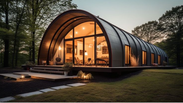 a modern glass cabin in the woods at dusk