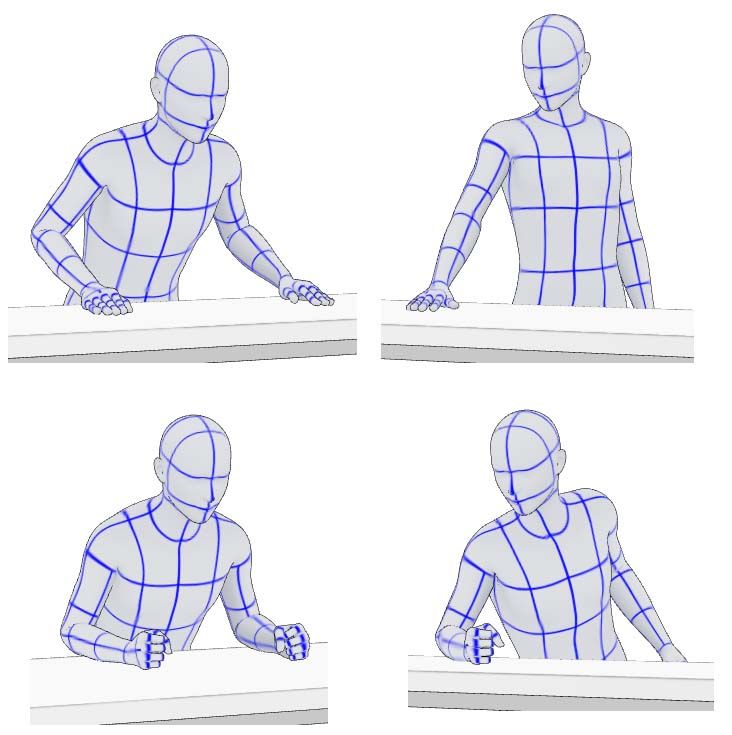 four different views of a person sitting at a table with their hands on his knees