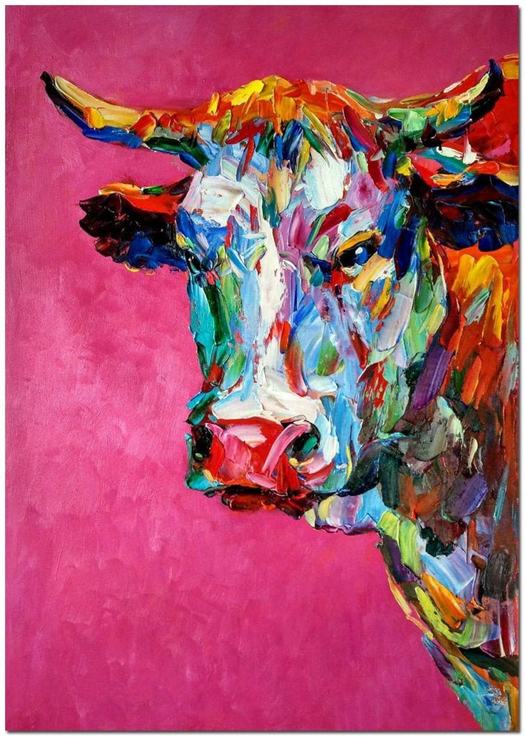 a painting of a cow with colorful paint on it's face and horns, against a pink background