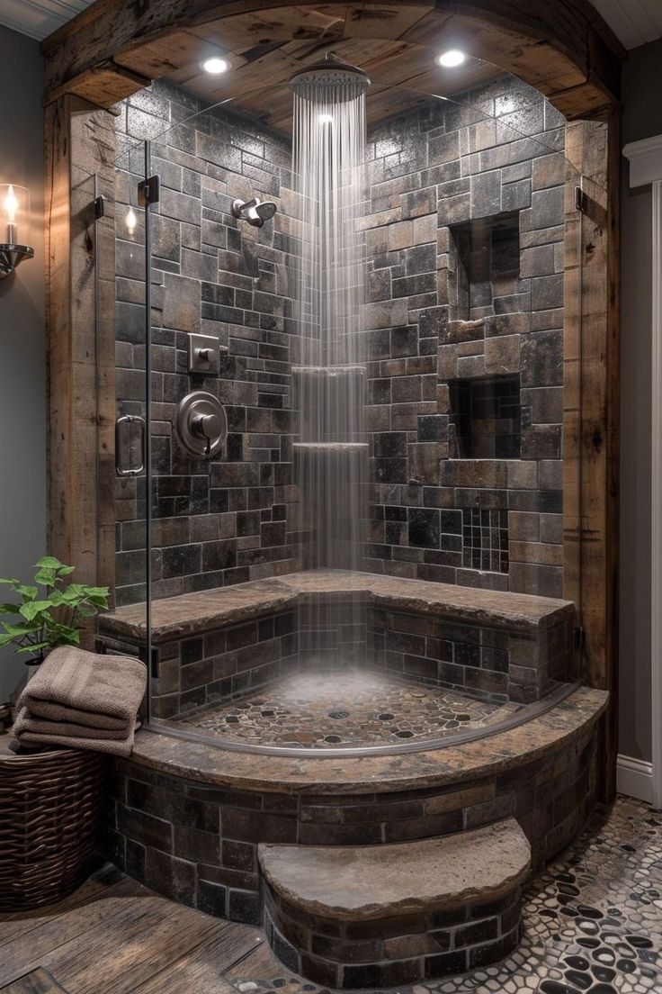 a bathroom with stone walls and a walk in shower