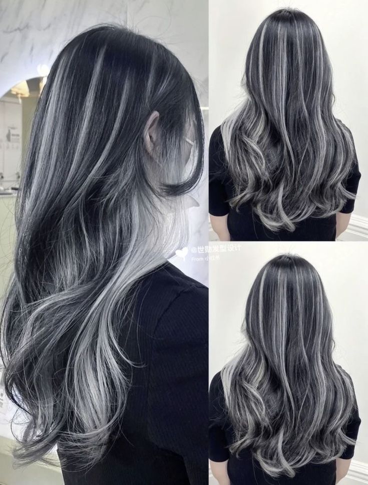 Ash Gray Hair Color, Ash Grey Hair, Silver Hair Highlights, Black Hair Balayage, Korean Hair Color, Hair Color Underneath, Ash Hair Color, Silver Highlights, Black Hair With Highlights