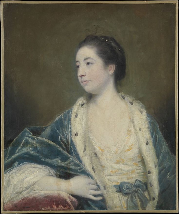 a painting of a woman in a blue dress with a shawl around her neck