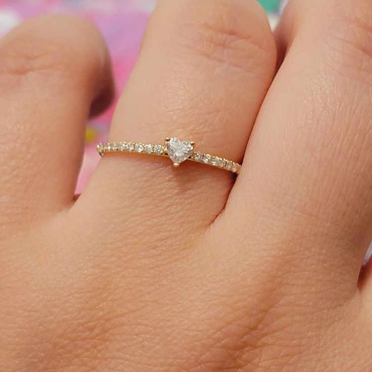 Diamond Ring, 14k Solid Gold Solitaire Ring, Dainty Diamond Ring, Diamond Engagement Ring, 0.16 Ct Heart Shape Cut Diamond Ring Set Gold Ring  Features : - Made in NYC - Custom Gold Color: Rose Gold, Yellow Gold, White Gold, in 14k  - Gold KT: 14K (18K and Platinum Available upon Request) - Shank Width: 1.5mm  - Heart Shape Diamond Size & weight: 3.4mm  0.16Ct - Side stones:18 PCs 1.1mm each (0.10 Ct) -Total Diamond weight : 0.26 Ct  -Diamond Clarity SI1 . G Color .  -Setting Type: Pave- Setting Heart Ring With Single Diamond For Promise, Dainty White Gold Diamond Heart Ring, 14k Gold Heart Ring With Single Diamond For Promise, Heart Ring With Single Diamond In Round Cut, Dainty Heart Ring With Diamond Accents For Promise, Dainty Heart Cut White Gold Diamond Ring, Dainty Heart-cut Diamond Ring, Valentine's Day Solitaire Diamond Ring, Promise Ring With Single Diamond In Heart Cut