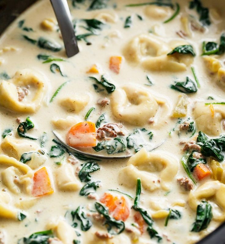 a ladle full of soup with pasta and spinach