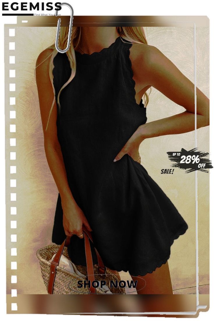 Sexy Solid Color Sleeveless Loose Women's Vest Dress Casual Black Sleeveless Backless Dress, Black Sleeveless Dress For Beach, Chic Sleeveless Tank Top, Chic Sleeveless Solid Color Beach Dress, Black Flirty Tank Top For Summer, Flirty Sleeveless Sundress For Beach, Flirty Black Tank Top For Summer, Flirty Black Summer Tank Top, Black Non-stretch Sleeveless Mini Dress