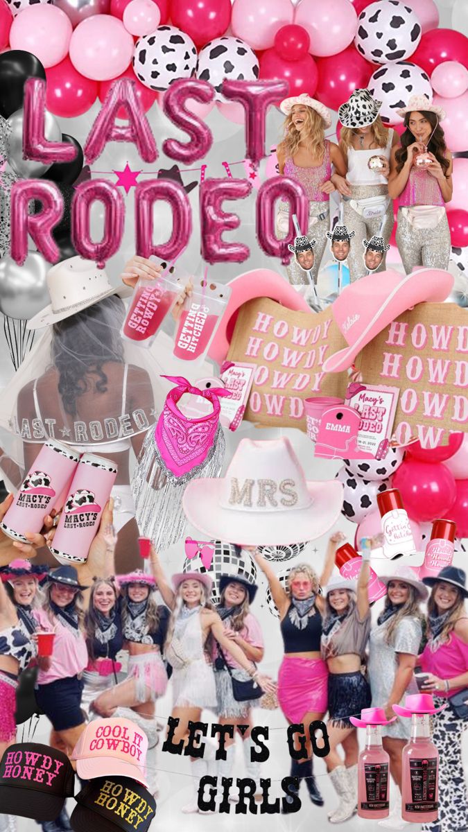 a collage of photos with pink and black balloons, hats, and other items