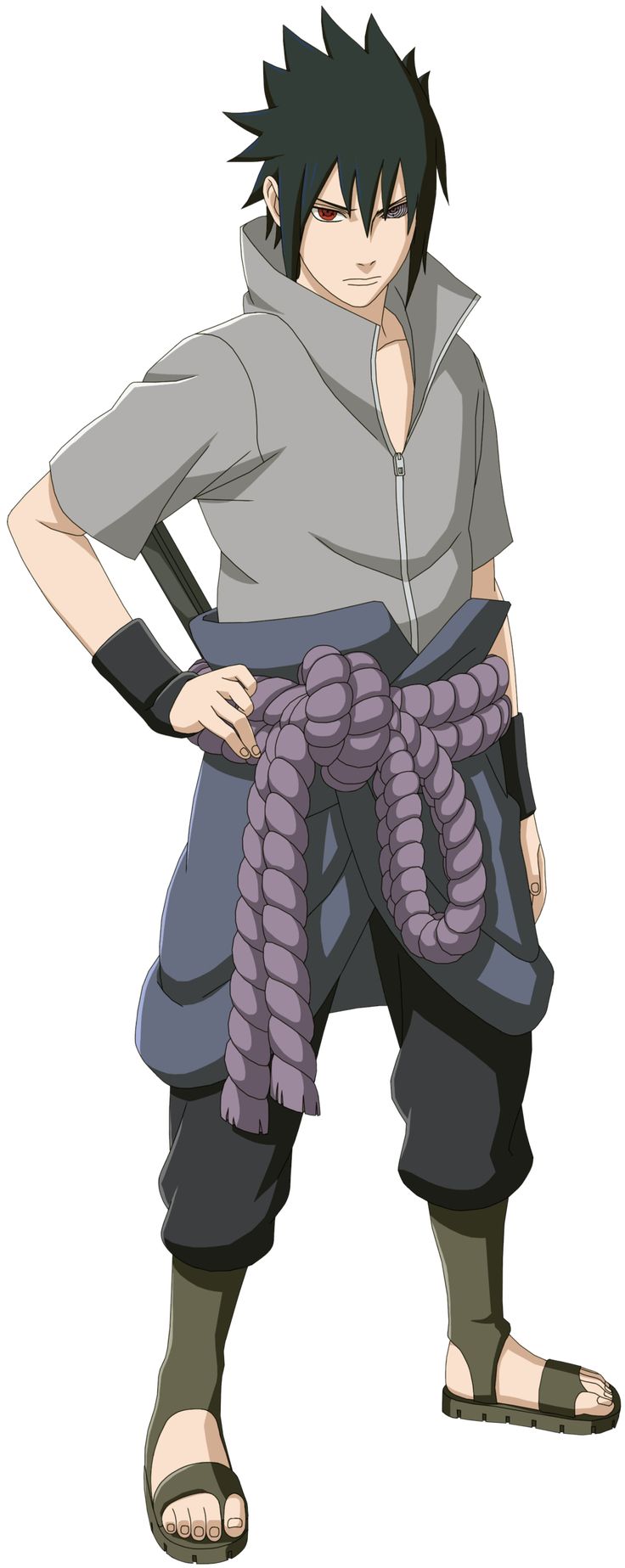 an anime character with black hair and grey shirt holding a purple rope around his waist