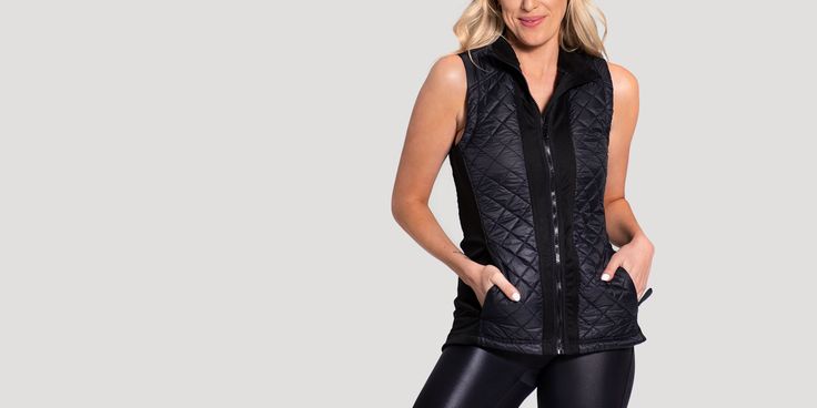 The perfect layering item to bring you from your workout to coffee to grocery shopping. Quilted fabric in diamond design Knit side panel for a flattering fit Zip pockets Versatile Sleeveless Nylon Activewear, Sporty Nylon Vest With Pockets, Sleeveless Fall Activewear For Workouts, Outdoor Sleeveless Nylon Activewear, Fall Sleeveless Workout Activewear, Sleeveless Outdoor Activewear, Sleeveless Nylon Activewear For Outdoor, Sleeveless Activewear For Fall Workout, Functional Nylon Vest For Fall