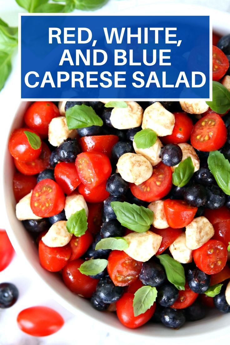 red, white and blue caprese salad in a bowl with text overlay