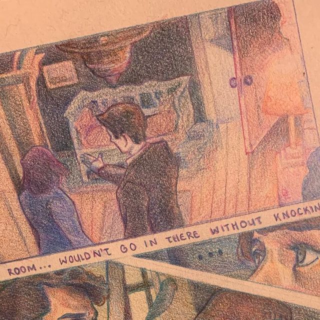 two colored pencil drawings of people sitting at a table and one is reading a book