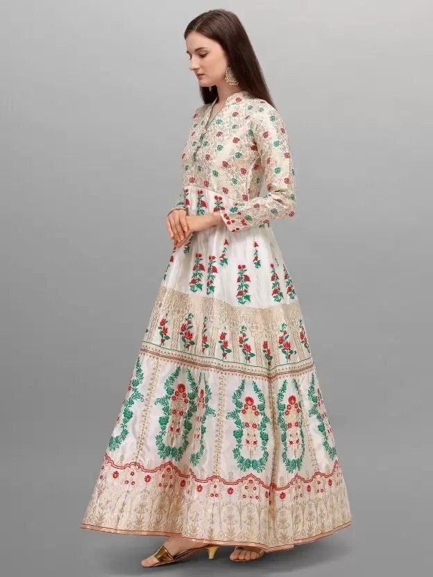 Color-Multicolor Length-Maxi/Full Length Fabric-Satin Ideal For-Women Type-Empire Waist Style Code-Maira-White Suitable For-Western Wear Sleeve Length-3/4 Sleeve Pack of-1 Neck-V-Neck Fabric Care-Hand Wash Lining Material-Semi-Cotton Sleeve-Regular Sleeves Off White Long Sleeve Anarkali Dress, White Anarkali Silk Dress, Off White Long Sleeve Festive Dress, Festive Off White Long Sleeve Dress, White Satin A-line Maxi Dress, White Long Sleeve Dresses For Festive Occasions, White Fitted Maxi Dress For Festive Occasions, Festive White Long Sleeve Dresses, White Silk Anarkali Dress