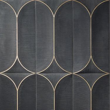 an art deco wall made out of black and gold metal panels with circles on each side