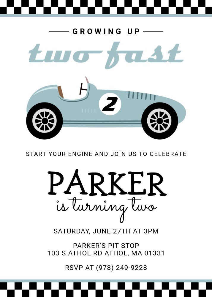 a race car birthday party card with the words, two fast on it's side